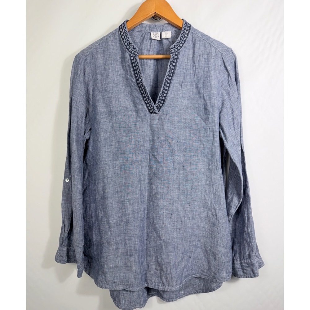 Artisan NY Womens Blue 100% Linen Embroidered Split Neck Roll Tab Tunic Top S